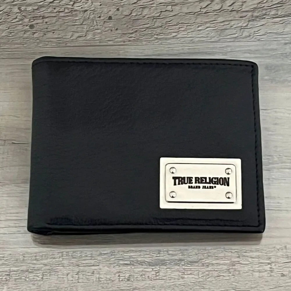 True Religion Men's Black Leather Bi-Fold Wallet RFID Protection